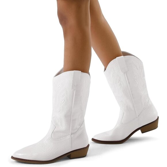 mysoft Women's White Western Cowboy Boots Mid Calf Pointed Toe Cowgirl Shoes - Picture 6 of 6
